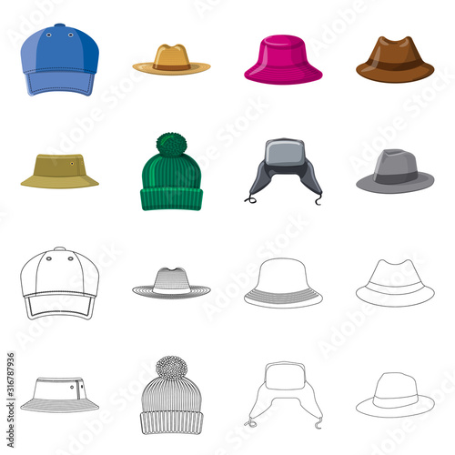 Isolated object of headgear and cap logo. Set of headgear and accessory stock vector illustration.