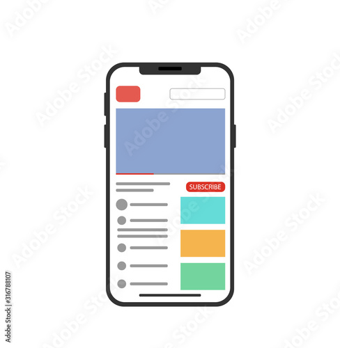 Mobile Video player mockup. Smartphone social media interface. Play video online mock up. subscribe button. UI window with navigation icon. Vector illustration.