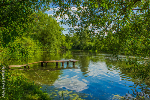 summer time green nature landscape scenic view with rustic wooden pier and river in forest