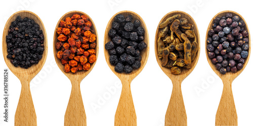 Several wooden spoons with different dry medicinal berries for treatment