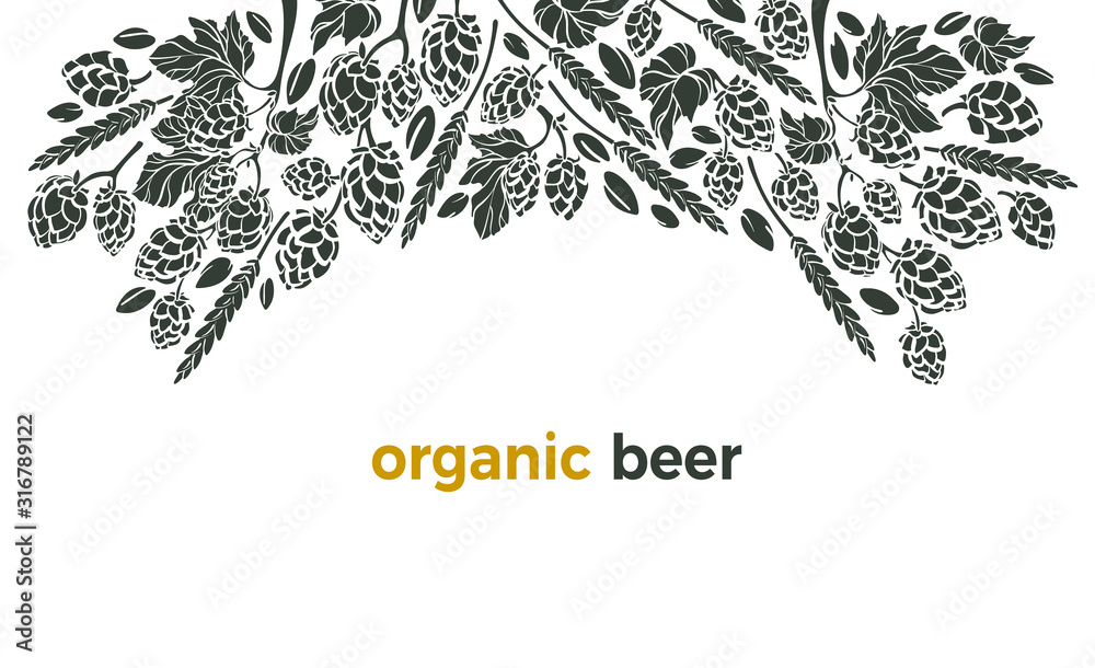 Obraz premium Vector card. Organic beer Twig of hop, wheat grain