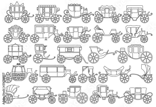 Vintage carriage vector Outline, line set icon. Vector illustration set cart for princess. Isolated Outline, line icon transport of vintage carriage on white background .