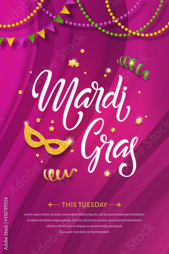 Mardi gras lettering poster. Fat tuesday vector handwritten typography, golden mask, beads and flags on the purple background.