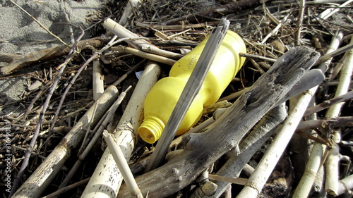 Plastic yellow bottle among the garbage, branches and pieces of wood thrown to the beach by the sea