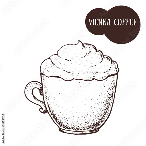 Vienna coffee mug sketch. Hand drawn illustration. Engraved vector illustration. Vienna coffee cup.