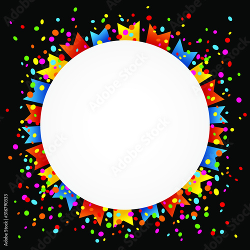 Dark background with colorful flags and confetti around a clear space