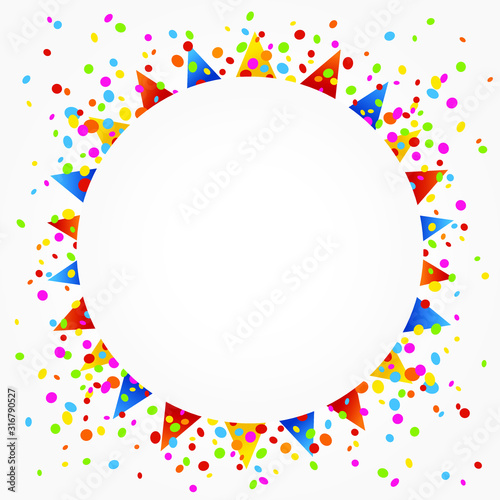 White background with colorful flags and confetti around a clear space