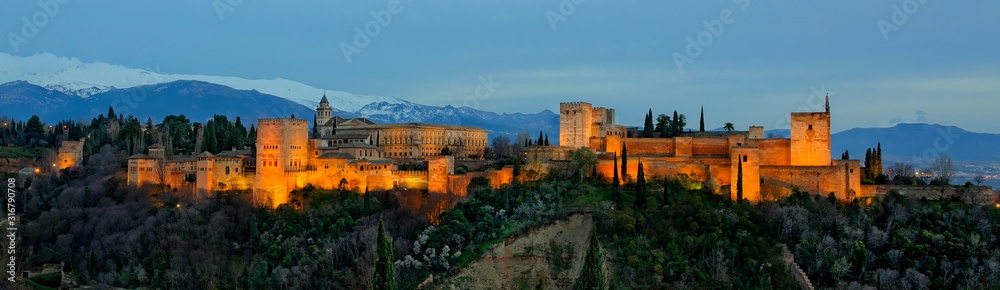 Panorama of Al Hambra in Granada, Lit at Night