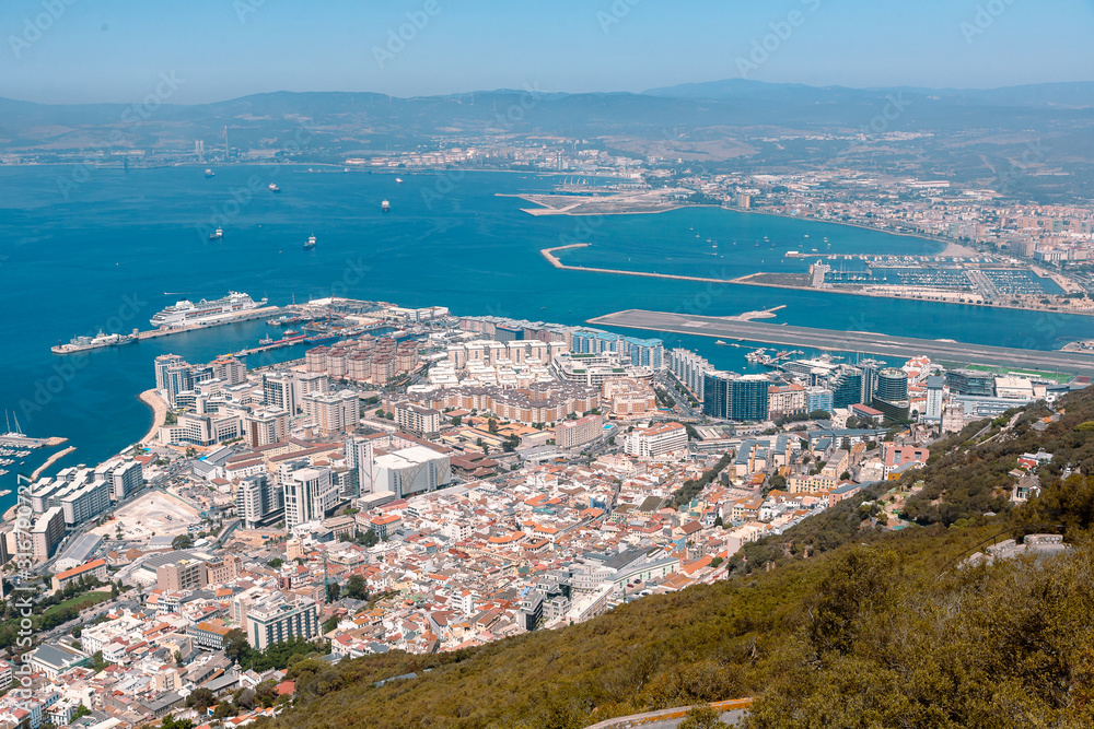 Panoramic view on the Gibraltar harbor at sunny summer weather