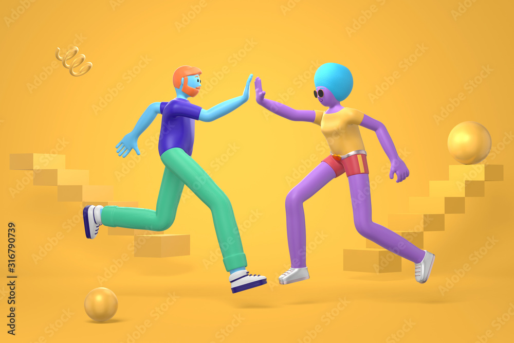 Informal greeting to a young hipster guy with a beard and an african girl with a haircut and disproportionate body. Abstract bright background of flying geometric shapes in cartoon style. 3D rendering Informal greeting to a young hipster guy with a beard and an african girl with a haircut and disproportionate body. Abstract bright background of flying geometric shapes in cartoon style. 3D rendering