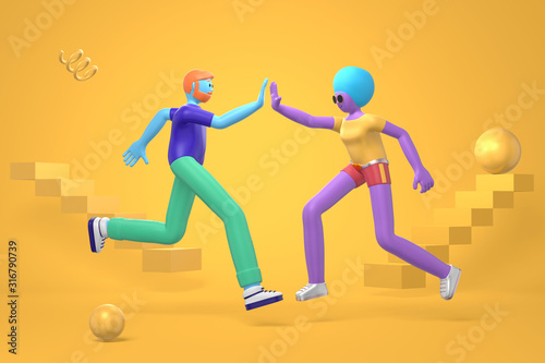 Informal greeting to a young hipster guy with a beard and an african girl with a haircut and disproportionate body. Abstract bright background of flying geometric shapes in cartoon style. 3D rendering © photolas