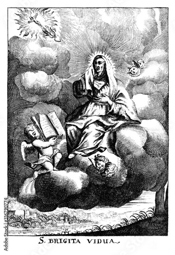 Canvastavla Antique vintage religious allegorical engraving or drawing of Christian holy woman saint Bridget of Sweden