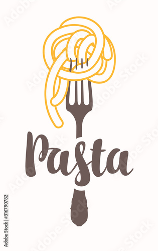 Vector banner with pasta on a fork and calligraphic inscription on light background. Decorative illustration in flat style. Suitable for flyer, label, tag, logo, icon, badge, sticker, design elements