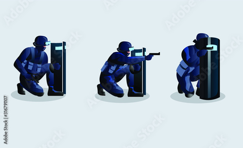 Police squat down character vector 