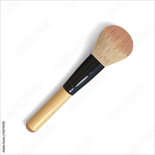 Realistic makeup brush for powder, blush, foundation, concealer top view. 3d makeup tool isolated on white background. Vector illustration