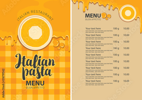 Vector menu for Italian restaurant with pasta on a plate and price list on the background of checkered tablecloth. Pasta menu in flat style