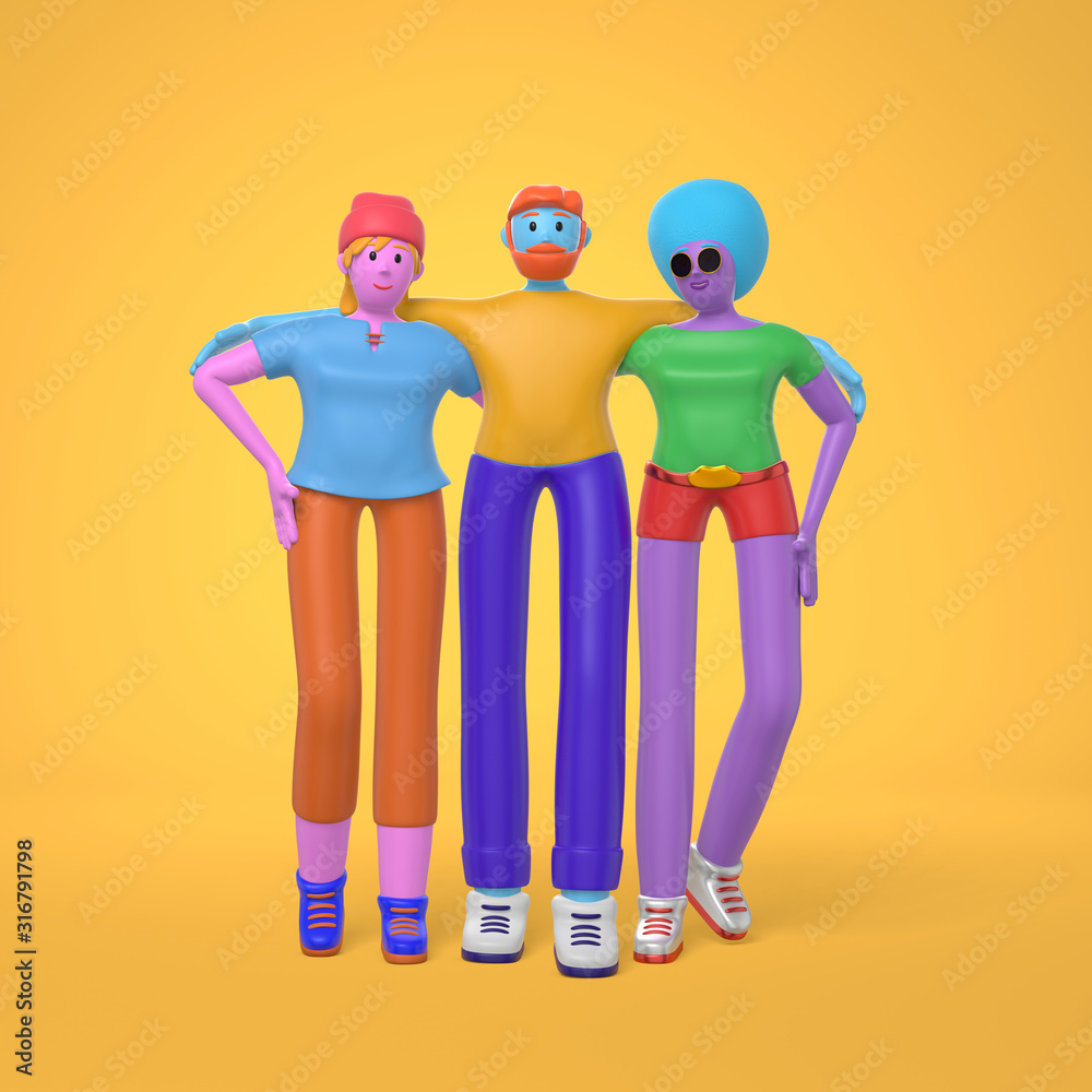 Obraz premium Informal greeting young hipster guy with a beard, a hipster girl in a hat and a girl with african hairstyle are standing embracing shoulders. Trendy disproportionate body cartoon style. 3D rendering