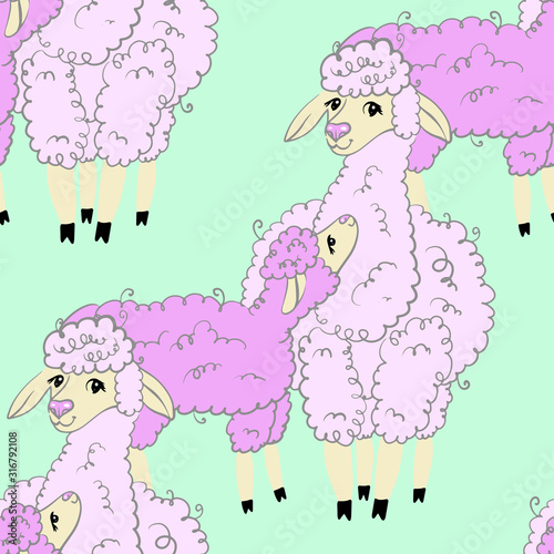 Seamless pattern. Vector lama mom and baby. Cute happy childhood background.