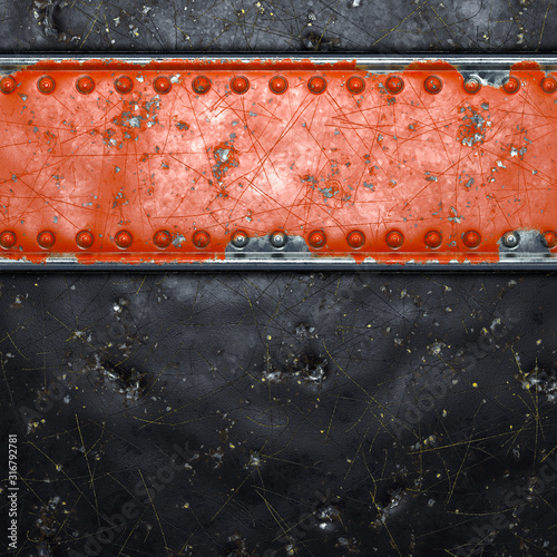 Strip of metal with rivets painted red in the shape of a rectangle in the center on black metal background 3d