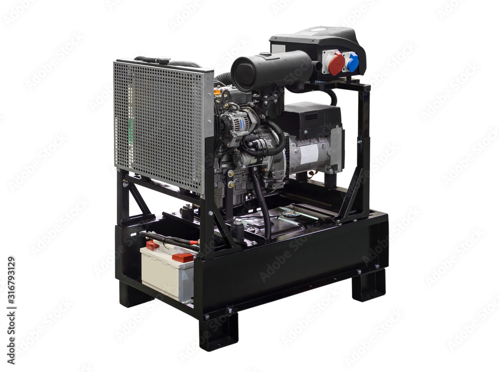 Mobile, portable mobile diesel or gasoline generator, black, with remote control, isolated on white background. Mobile, portable mobile diesel or gasoline generator, black, with remote control, isolated on white background.