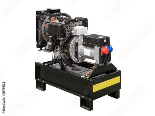 Mobile, portable mobile diesel or gasoline generator, black, with remote control, isolated on white background.