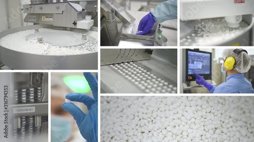 Drug production line. Pharmaceutical manufacturing collage. montage of video clips of medical equipment on plant. pharma, worker, pills concept. falling tablets