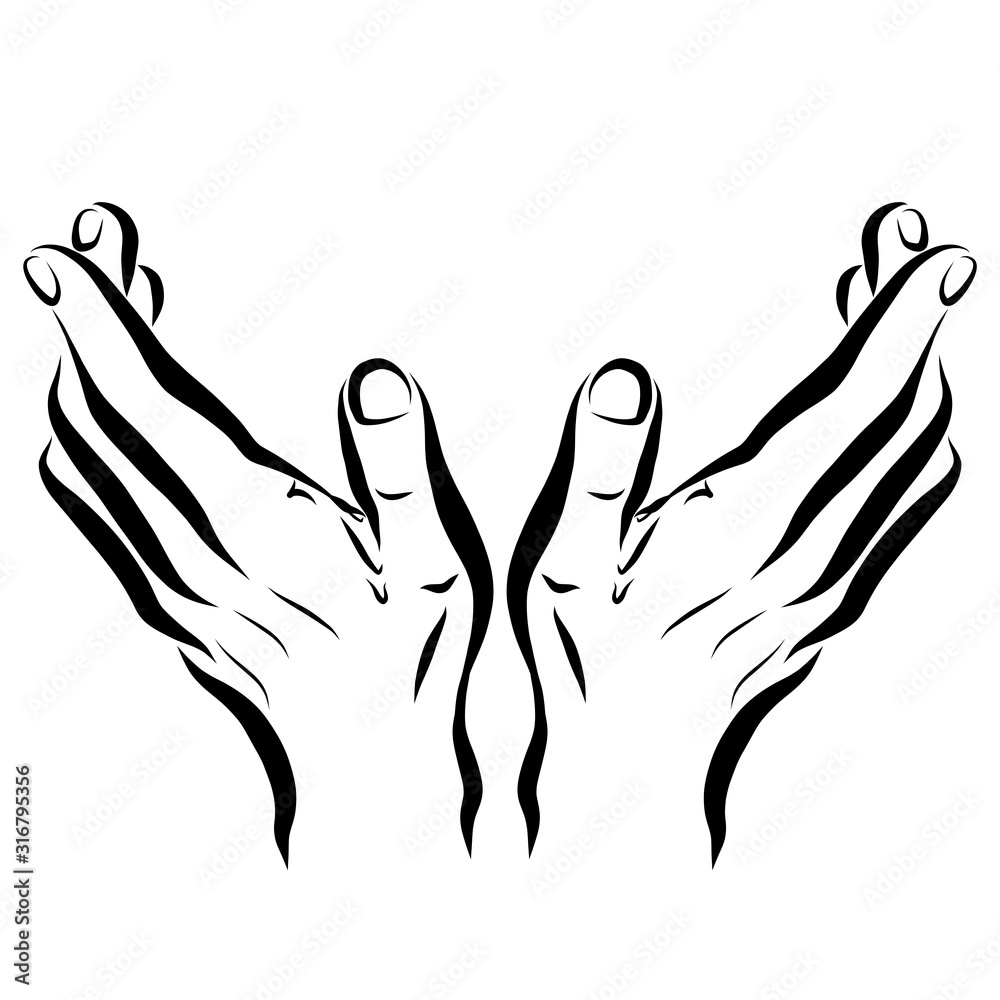 two hands raised palms up, black sketch two hands raised palms up, black sketch