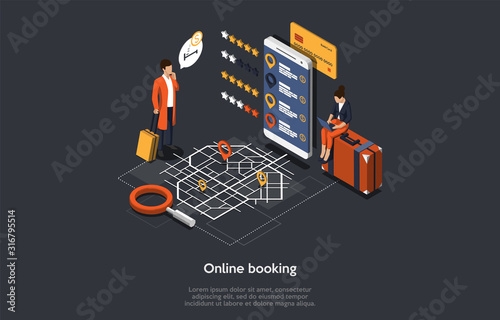 Isometric Online Booking Hotel Process. Couple of Tourists With Luggage. People Searching By Rating and Booking Hotel Room or Apartment. Application on Laptop Screen. Vector Illustration