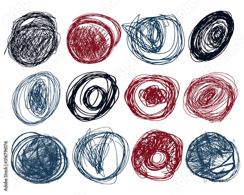 Pen stroked circles set. Hand drawn collection. Scribble brushes in trendy blue, red and black color. Vector illustration of design graphic elements. Isolated on white. Grunge scrawl.