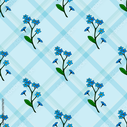 Seamless pattern with forget-me-nots on blue checkered background. Endless pattern with flowers for your design.