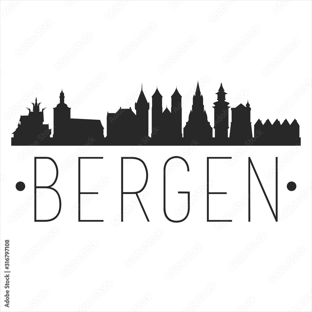 Bergen Norway Europe Skyline Silhouette Design City Vector Art Famous Buildings