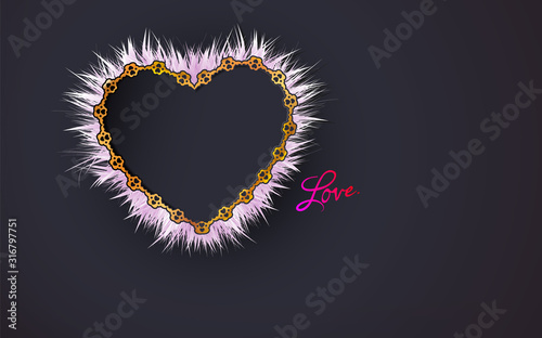 Gold frame heart shaped patterned of small hearts and white fluffy framed on a black background. The effect of the cut for design dark scrapbooking, postcards. Jewelry. Vector illustration.