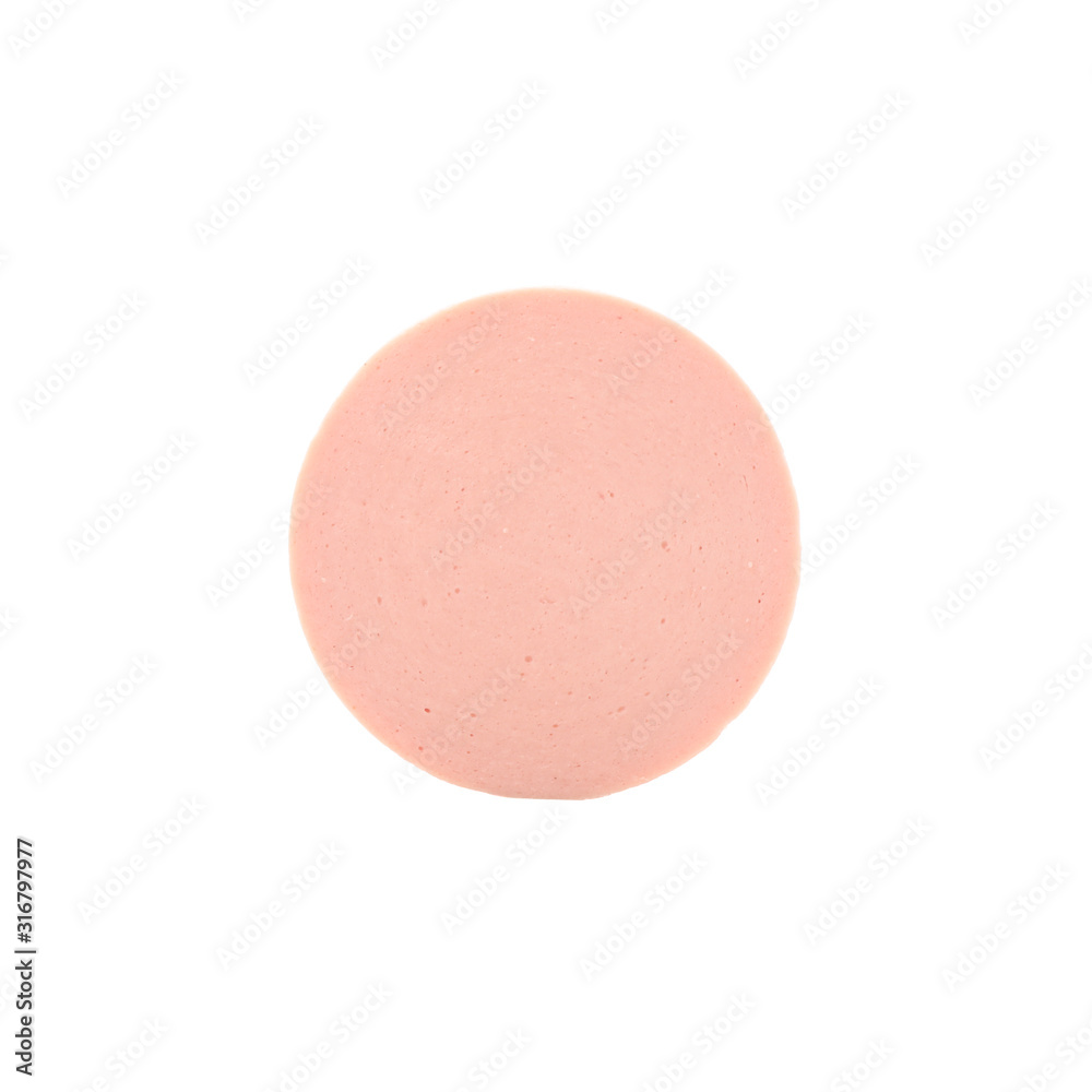 Slice of delicious sausage isolated on white background Slice of delicious sausage isolated on white background