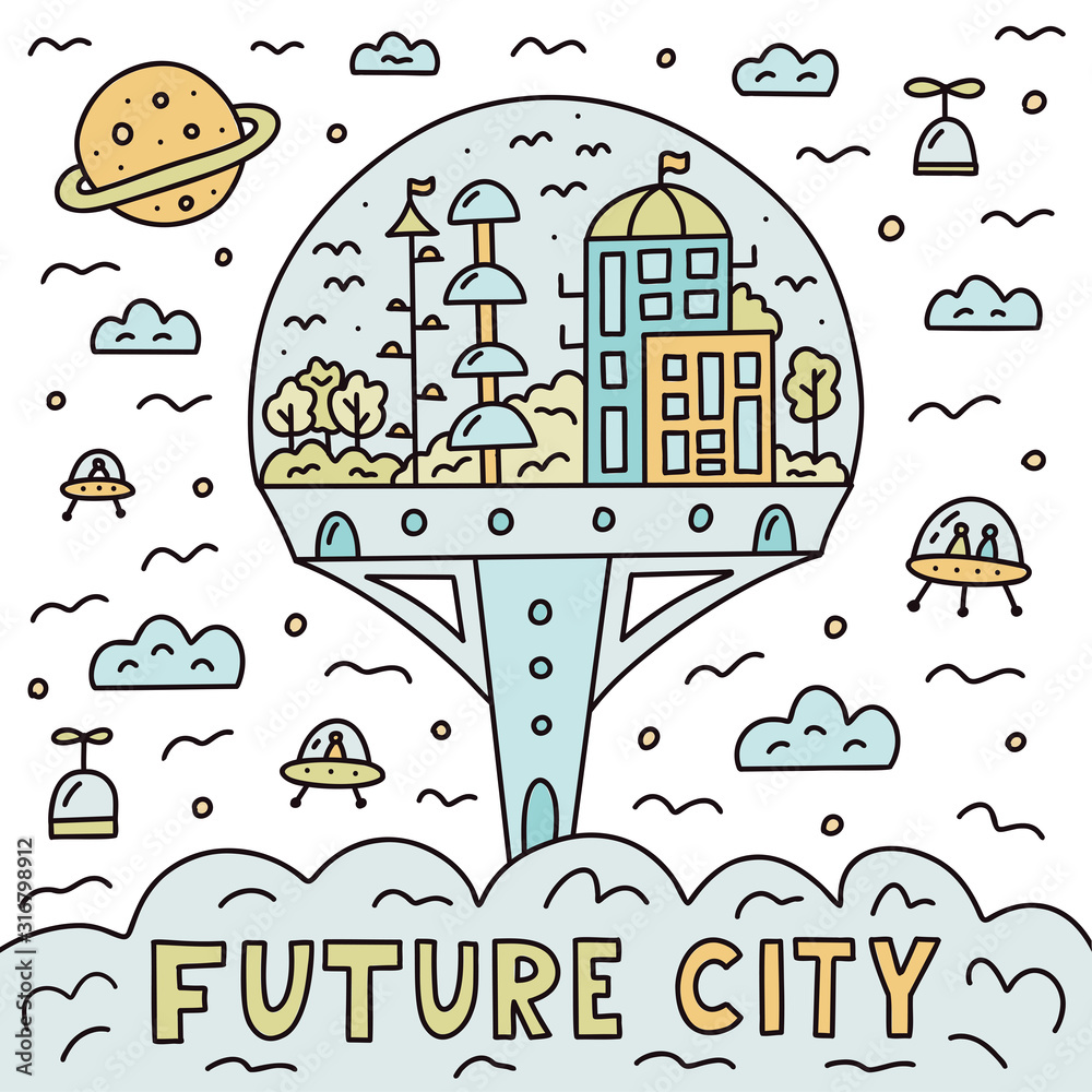 Future city. Doodle style. City under the dome and flying machines. Print for posters, t-shirts and other. Vector illustration. 