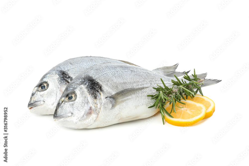 Dorado fishes, lemon and rosemary isolated on white background