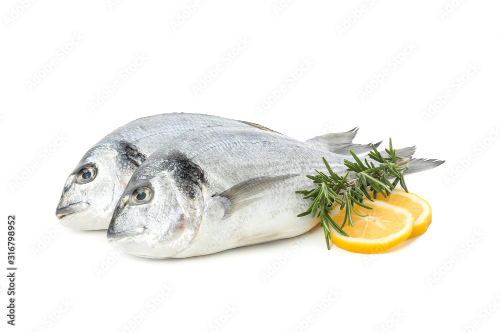 Dorado fishes, lemon and rosemary isolated on white background Dorado fishes, lemon and rosemary isolated on white background