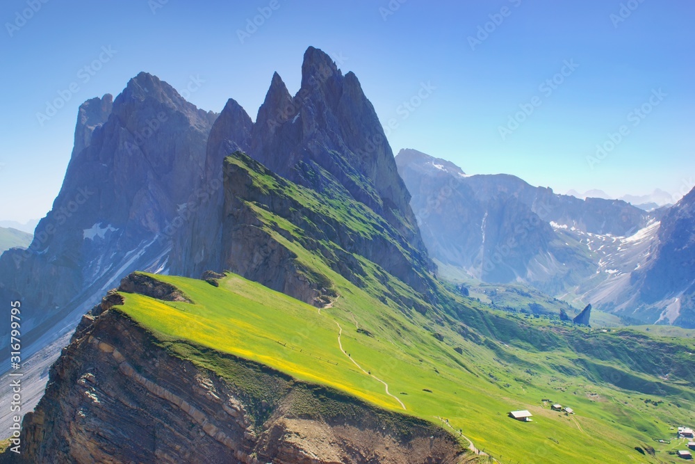 Majestic mountain scenery within spring time - blooming mountain slopes Seceda, Dolomites, Italy, hiking trail - obrazy, fototapety, plakaty 
