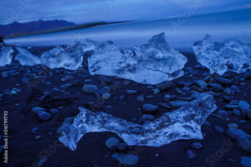 Diamond like Ice formation on the beach after night falls -- Iceland