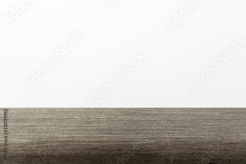 outdoor empty wooden tabletop with white foggy background.