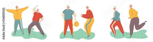 Elderly man doing exercises. Healthy lifestyle, active lifestyle. Sport for grandparents.Holding hands couple.Objects isolated on a white background. Flat vector illustration.