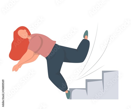 Woman falling down a flight of stairs. Injury and accident. Isolated vector illustration in flat style.