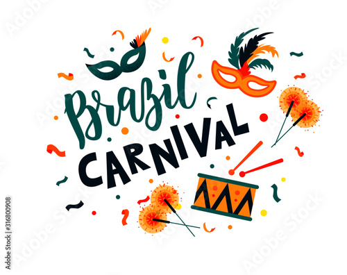 Brazil Carnival hand lettering text as banner, card, logo, icon, invitation template. Vector illustration with colorful party elements.