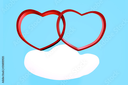 3d be my valentine day card illustration of two connected red hearts with copy space photo frame on cloud in sky photo