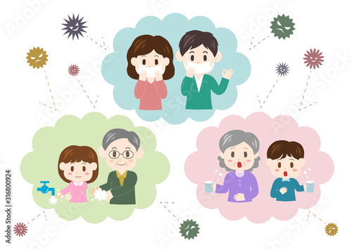  風邪予防・花粉症対策の説明をする家族のイラスト