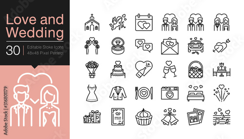 Love and Wedding icons. Modern line design. For presentation, graphic design, mobile application, web design, infographics, UI. Editable Stroke.