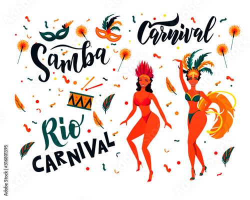 Brazilian carnival posters with colorful party elements. Carnival hand lettering text as banner, card, logo, icon, invitation template. Rio de Janeiro dancer wearing a festival costume.