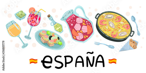 Spanish food. Tapas poster, paella, wine, sangria, olives. Flag of Spain. Vector illustration