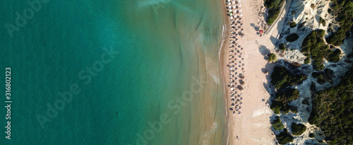 Aerial drone ultra wide top down photo of famous natural preserve beach of Gerakas, Zakynthos island, Ionian, Greece
