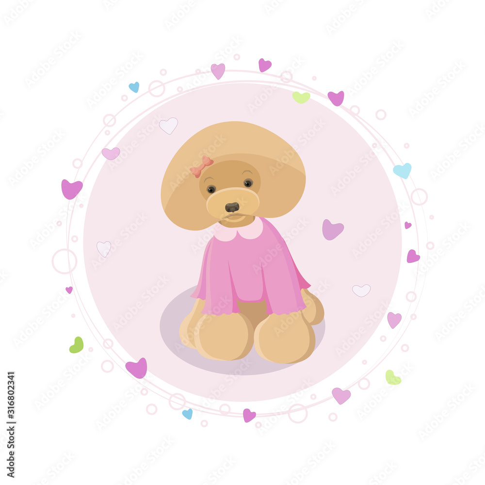 Cartoon red toy poodle illustration with hearts. Dog vector illustration. Animal love. Sitting red poodle vector image. Cute dog design. Pets design. Prints, greeting cards, T-shirt design.