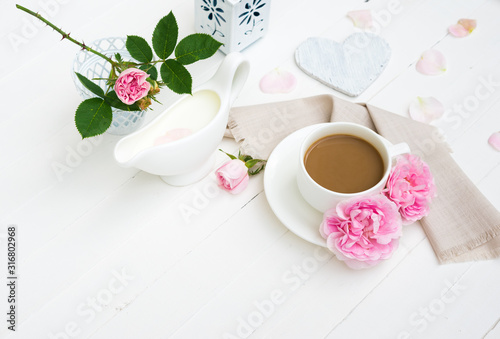 Coffee mug, Milk, Pink Rose Flowers, Heart, Sketchbook Mock up on White Wooden table. Happy Valentine's Day, Mother's Day, Women's day, Wedding, Happy Birthday, Love Background or Good Morning concept